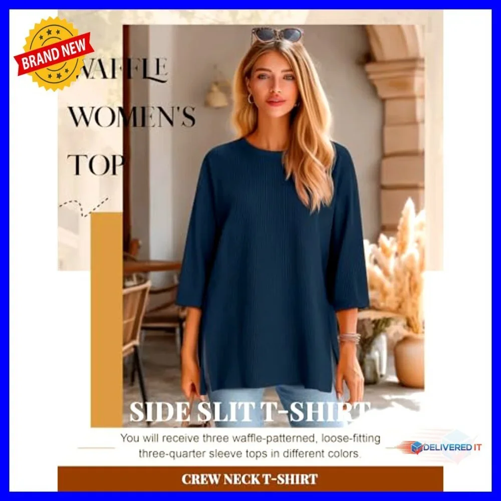 Oversized Waffle Knit Tops 3/4 Sleeve Loose Fit Casual Blouses 3 Pack - Picture 4 of 6